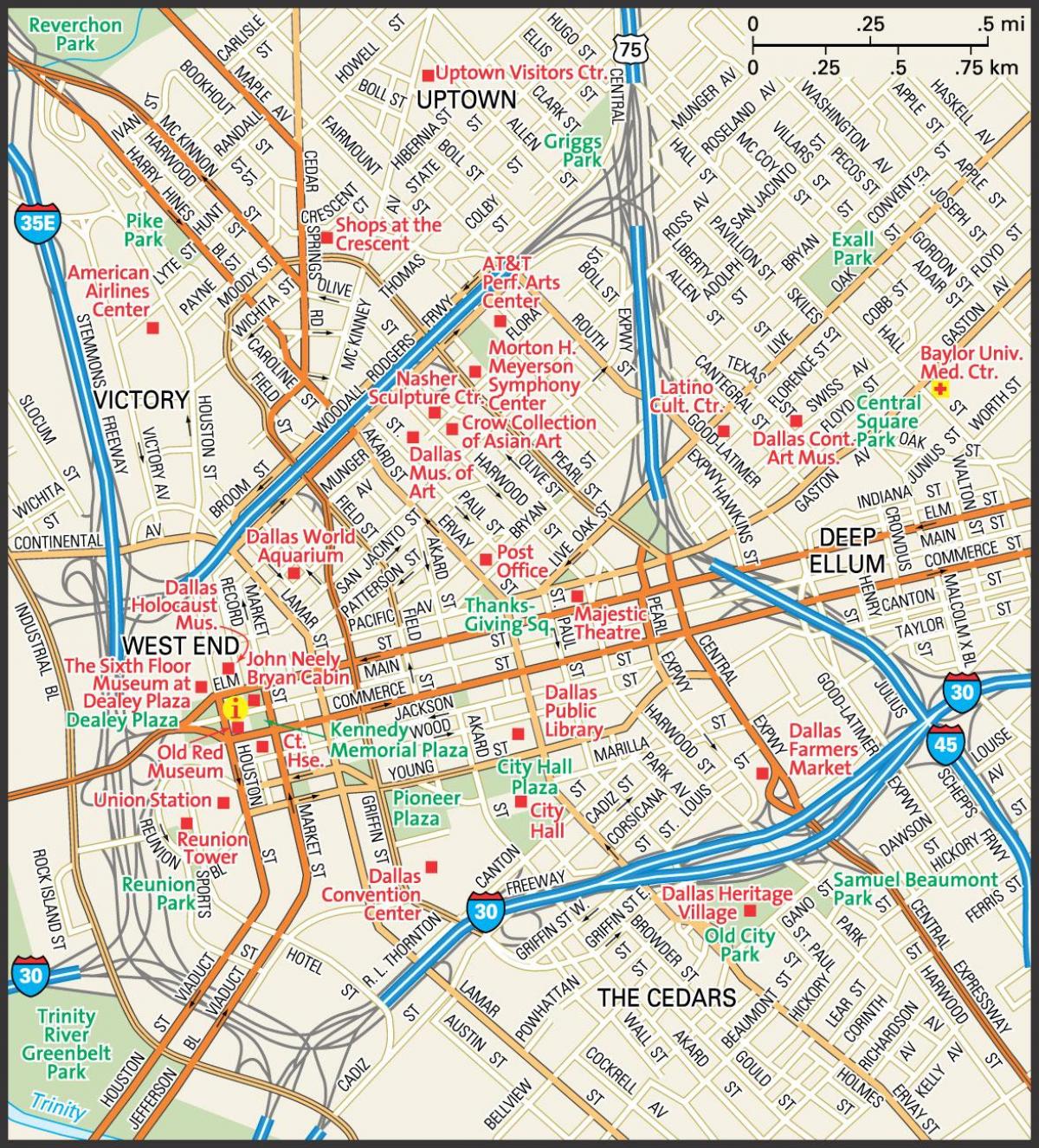downtown Dallas haritası sokaklar